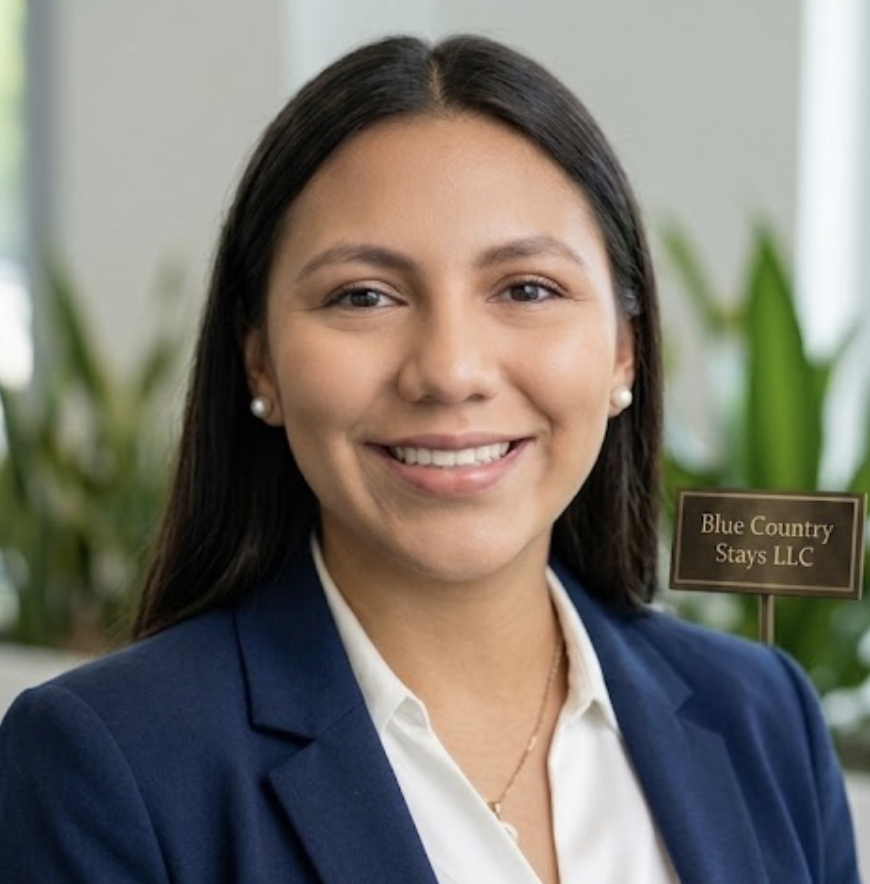 Kim, co-owner of Blue Country Stays LLC, in a navy blazer