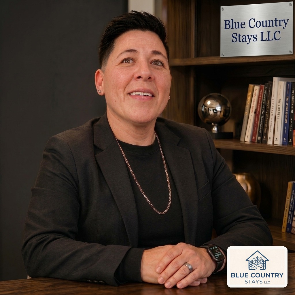 Erica, owner of Blue Country Stays LLC, seated at a desk